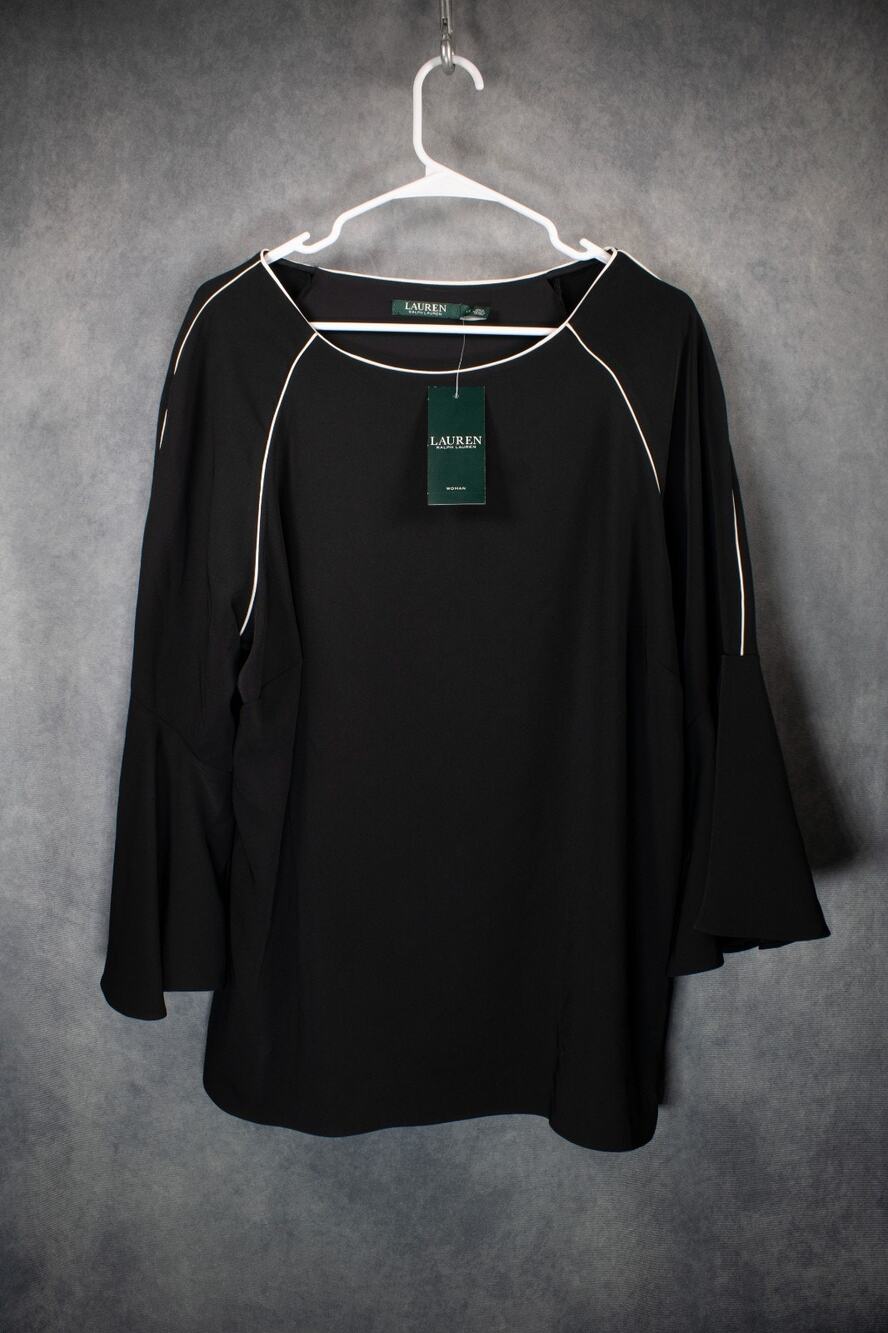 NWT Lauren Ralph Lauren Black Bell Sleeve Piping Trim Blouse Top Size 1X $125